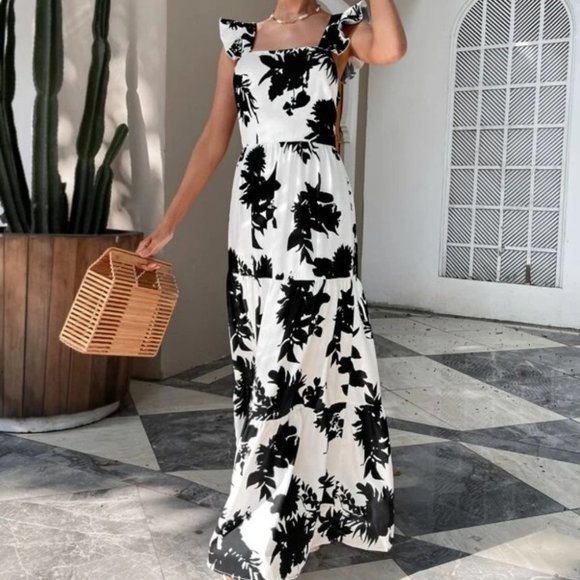 black floral butterfly sleeve ruffle hem tie back dress - Picture 4 of 8